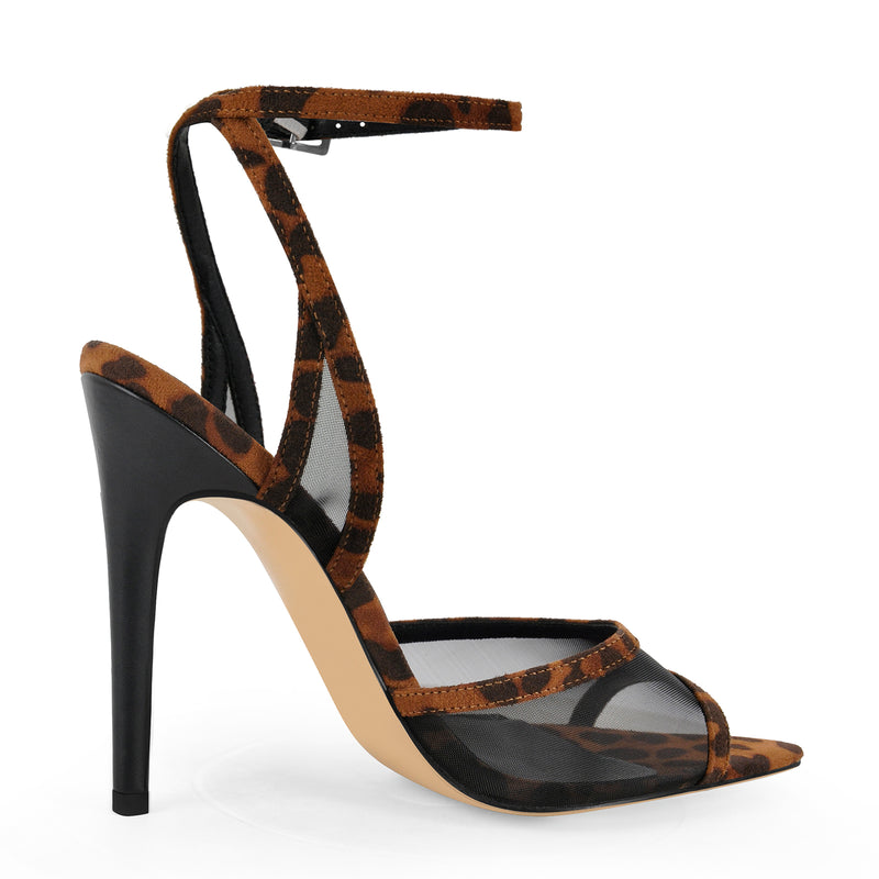 Pointed Toe Mesh Leopard Ankle Strap Sandals