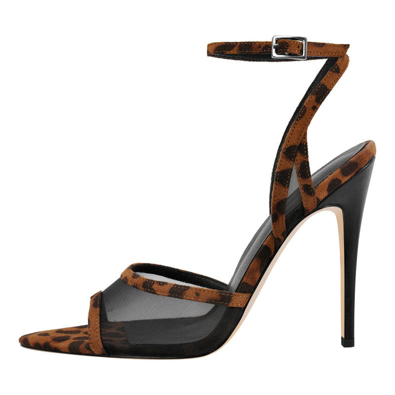 Pointed Toe Mesh Leopard Ankle Strap Sandals