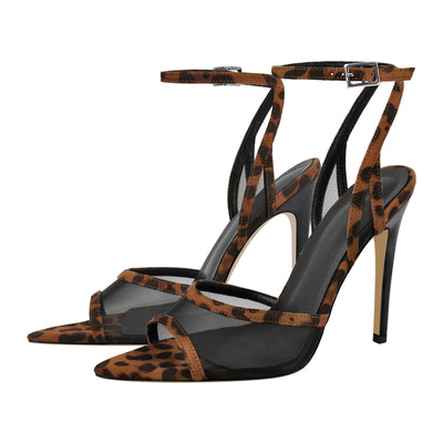 Pointed Toe Mesh Leopard Ankle Strap Sandals