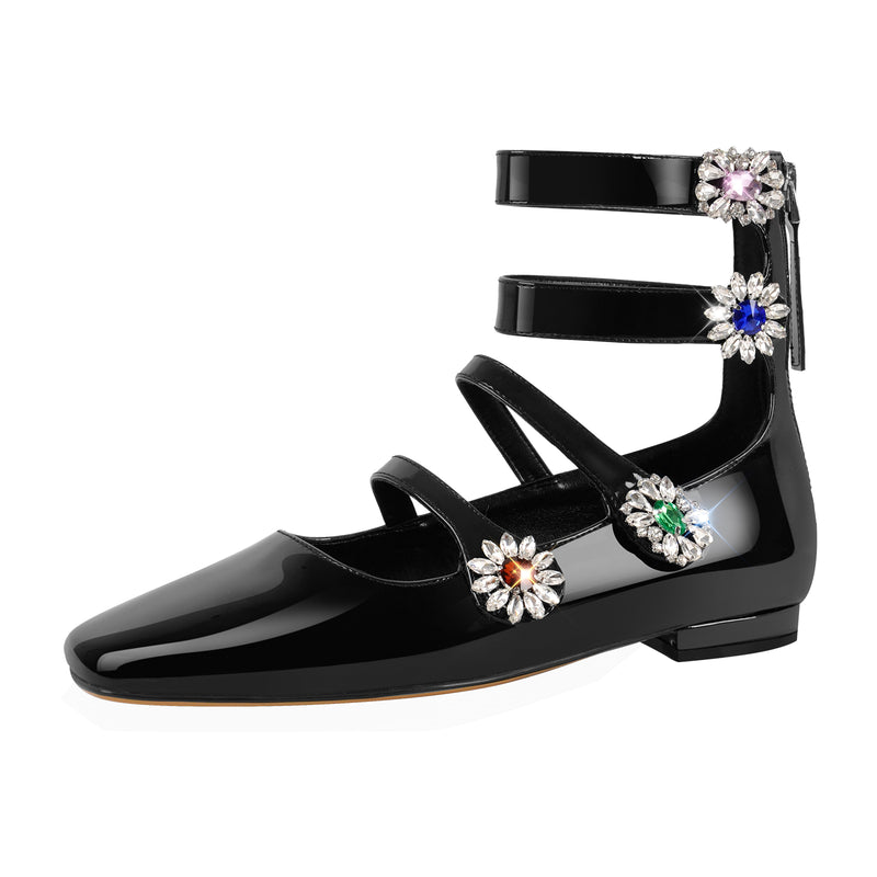 Square Toe Flower Rhinestone Ankle Strap Flats