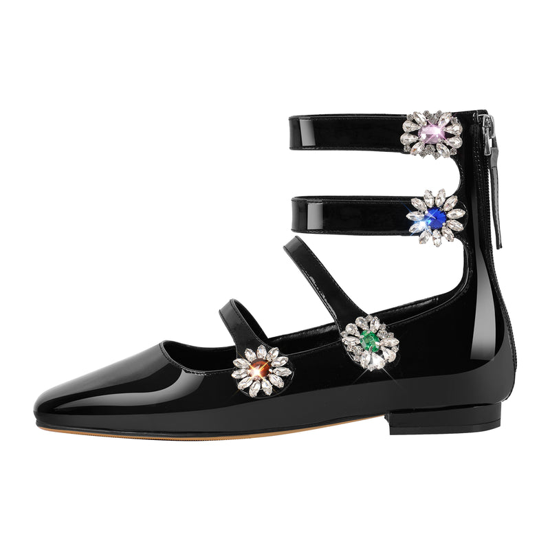 Square Toe Flower Rhinestone Ankle Strap Flats