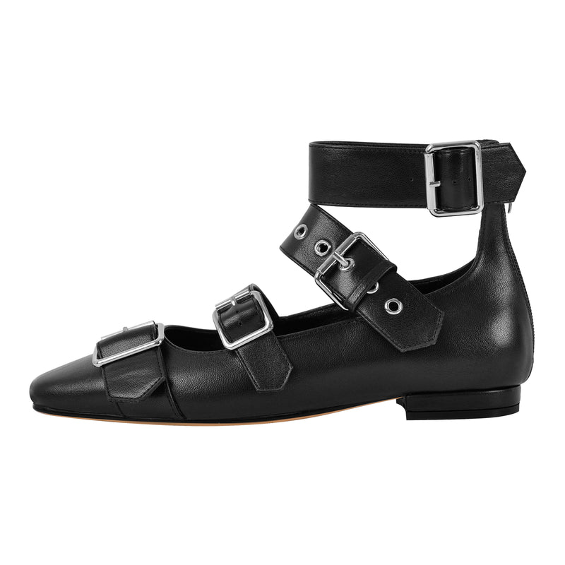 Square Toe Buckle Strap Flats