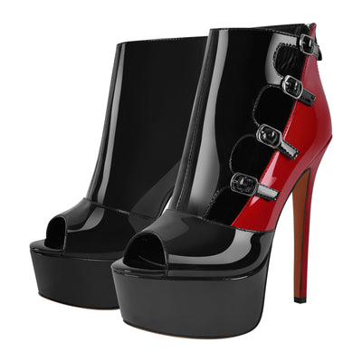 Peep Toe Platform Multi Buckle Ankle Boots