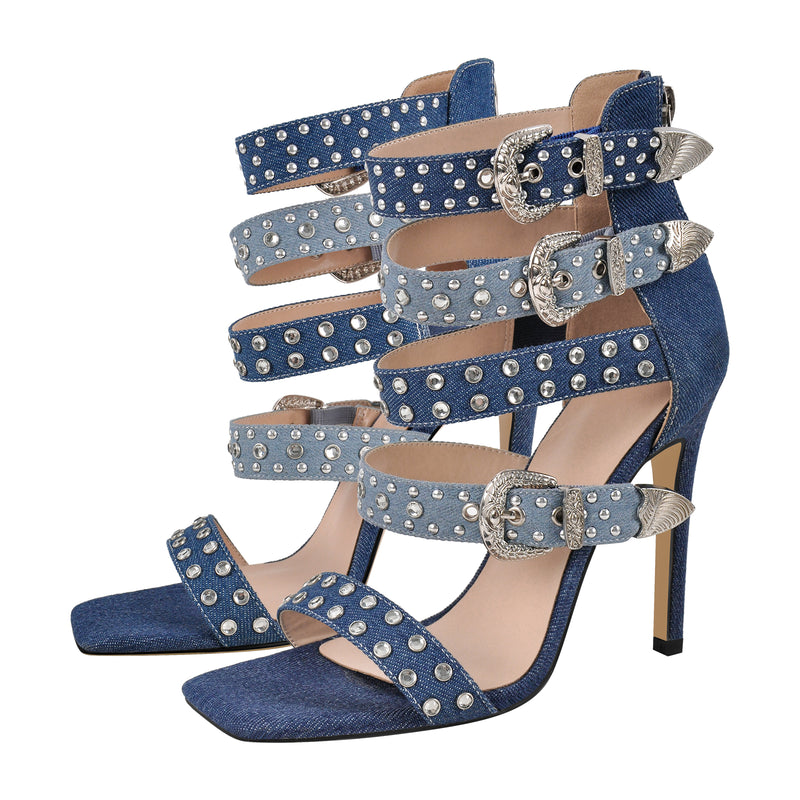 Square Toe Rivet Buckle Straps Sandals