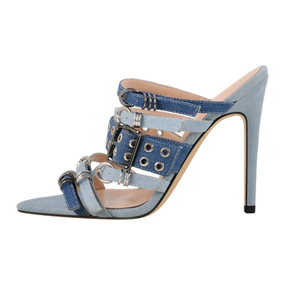 Denim Pointed Toe Buckle Straps Mules