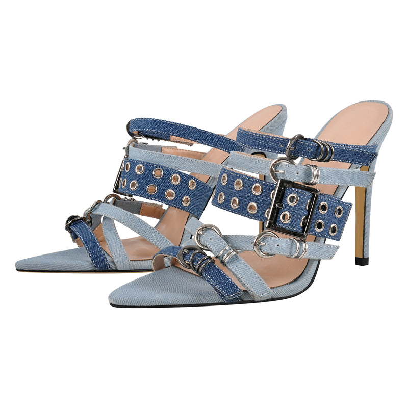 Denim Pointed Toe Buckle Straps Mules