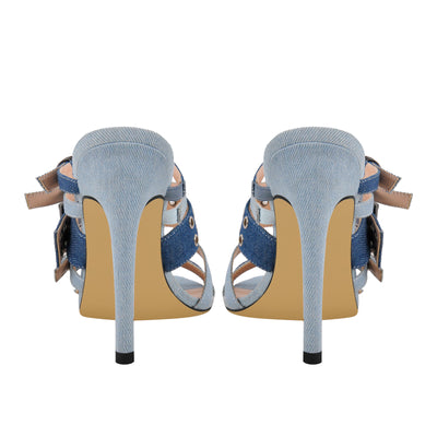 Denim Pointed Toe Buckle Straps Mules