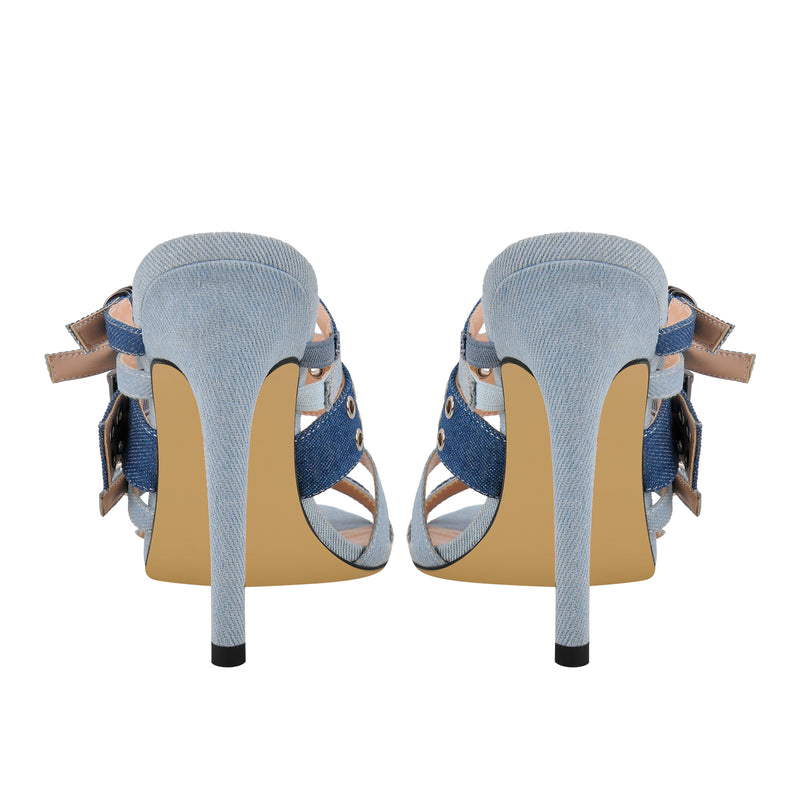 Denim Pointed Toe Buckle Straps Mules