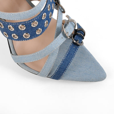 Denim Pointed Toe Buckle Straps Mules