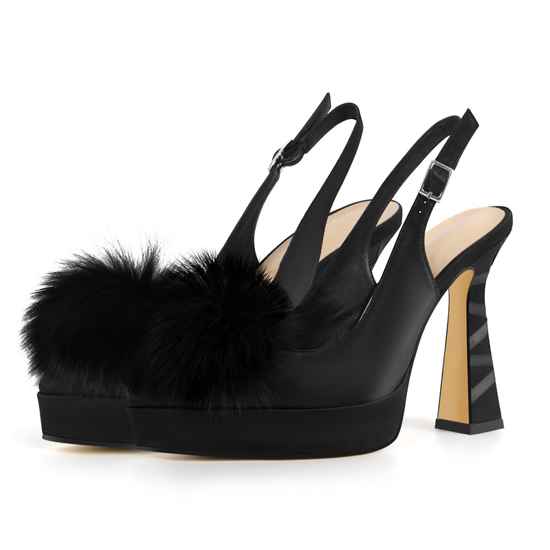 Fur Pointed Toe Platform Slingback Pumps