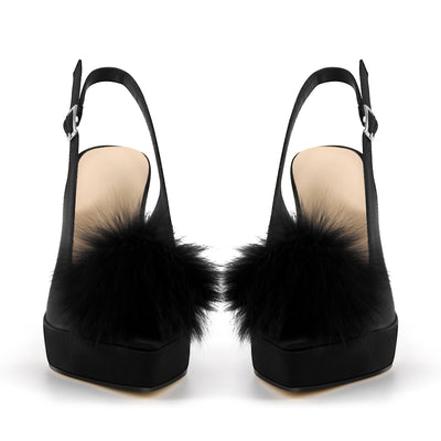 Fur Pointed Toe Platform Slingback Pumps