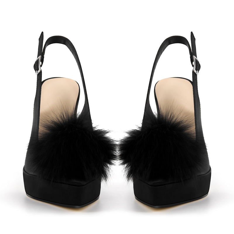 Fur Pointed Toe Platform Slingback Pumps