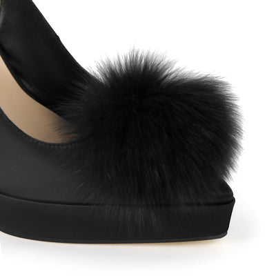 Fur Pointed Toe Platform Slingback Pumps