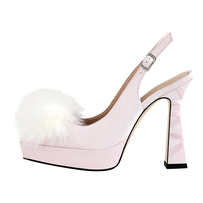 Fur Pointed Toe Platform Slingback Pumps