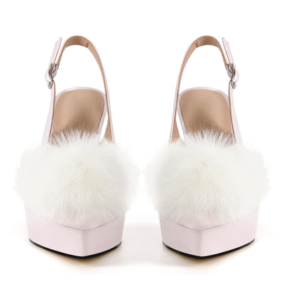 Fur Pointed Toe Platform Slingback Pumps