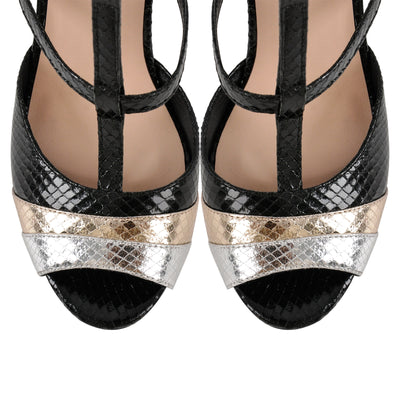 Peep Toe Platform T-Strap Snake Pattern Pumps