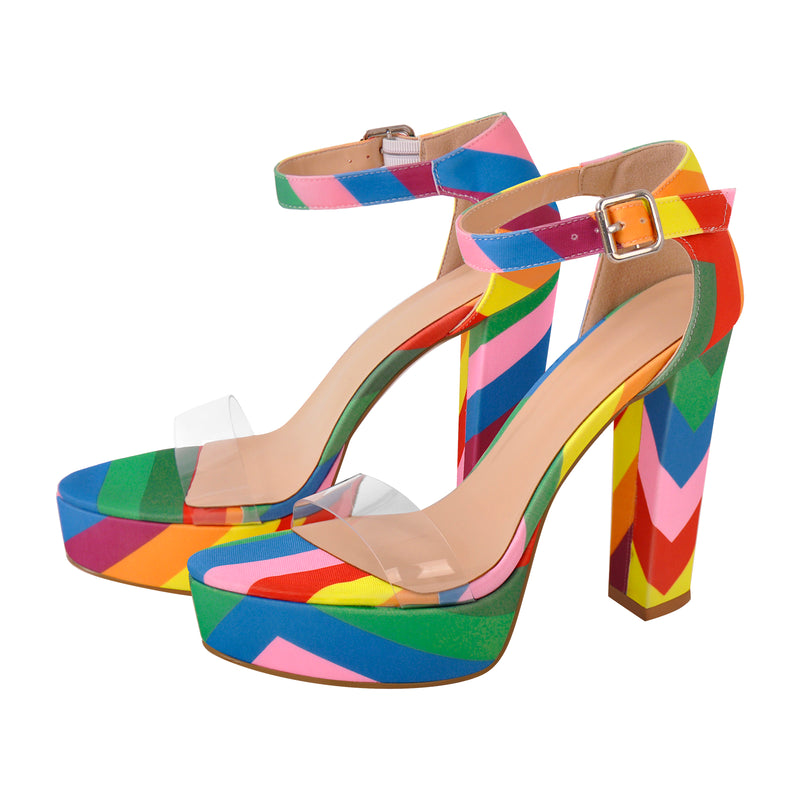 Rainbow Platform Chunky Heel Clear Ankle Strap Sandals