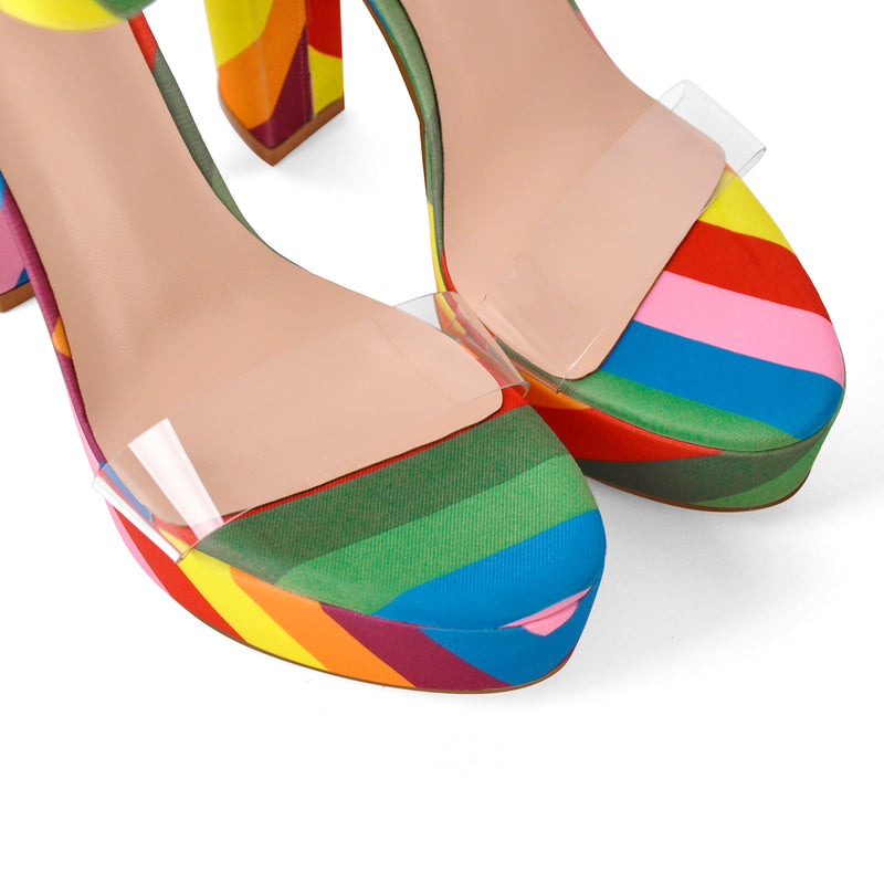 Rainbow Platform Chunky Heel Clear Ankle Strap Sandals