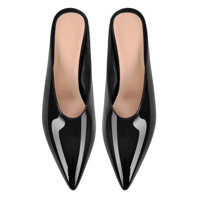 Pointed Toe Patent Leather Wedge Heel Mule Pumps