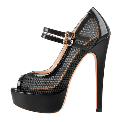 Peep Toe Platform Mesh Buckle Stiletto Pumps