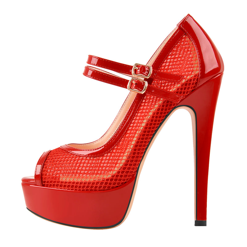 Peep Toe Platform Mesh Buckle Stiletto Pumps