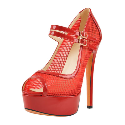 Peep Toe Platform Mesh Buckle Stiletto Pumps