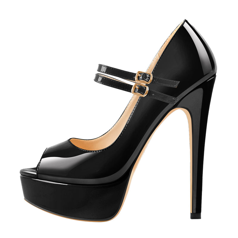 Black Peep Toe Platform Buckle Stiletto Pumps