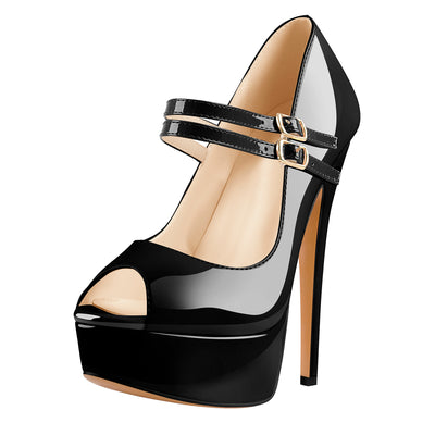 Black Peep Toe Platform Buckle Stiletto Pumps