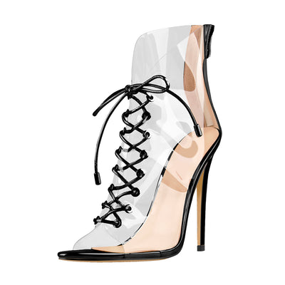 Open Toe Golden Lace up Transparent Zip Ankle Sandals Boots