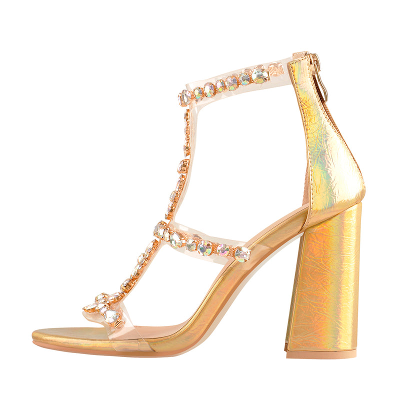 Open Toe Gem Rhinestone Transparent Strap Chunky Heel Sandals