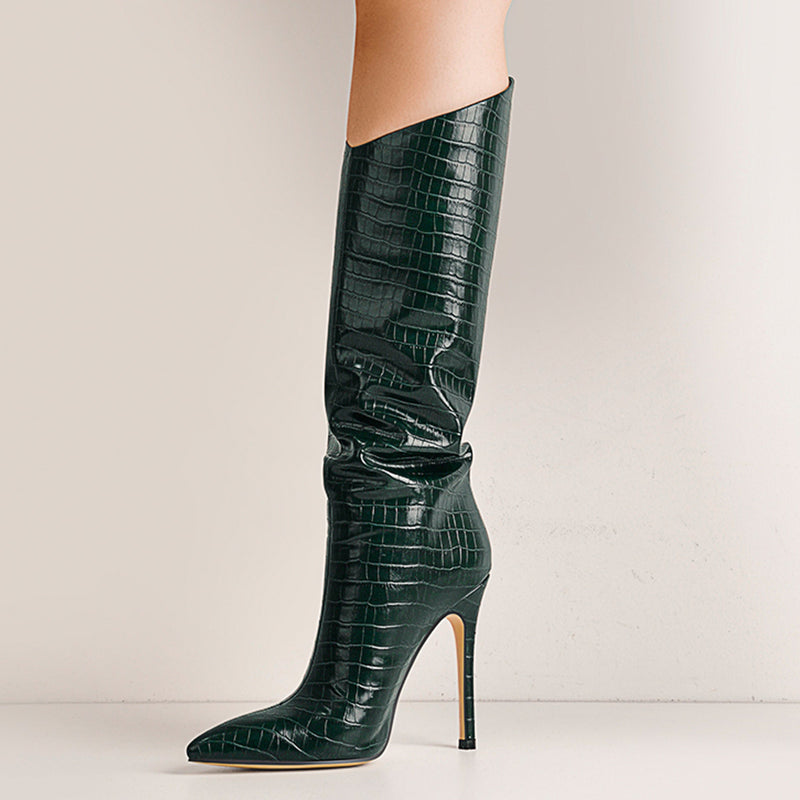 Green Stone Pattern High Heel Mid-Calf Boots – Onlymaker