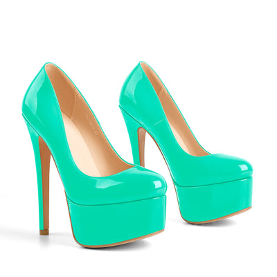 Patent Leather Rounde Toe Platform Green Stiletto High Heels Pumps