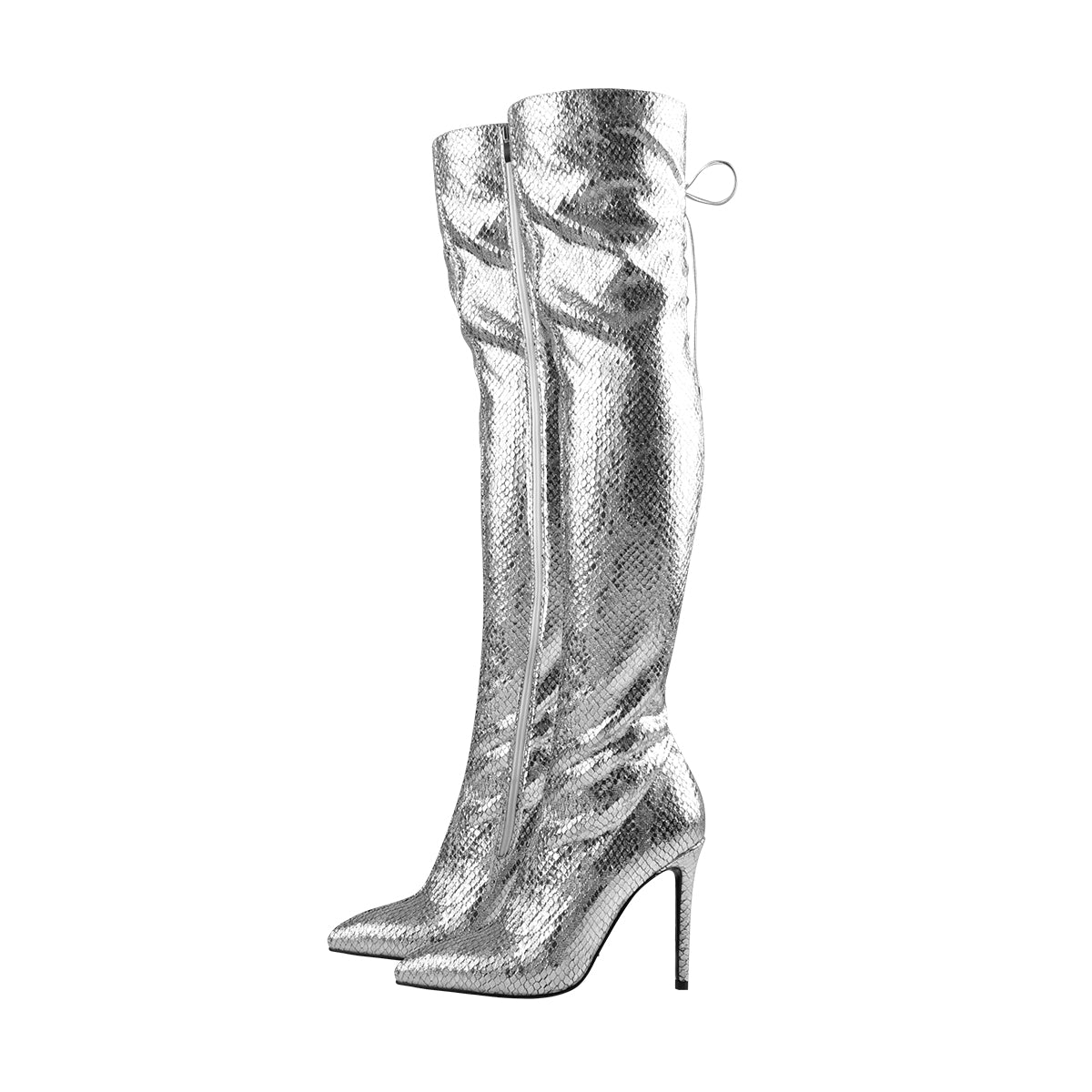 Pointed Toe Metallic Silver Thigh High Bootie – Onlymaker