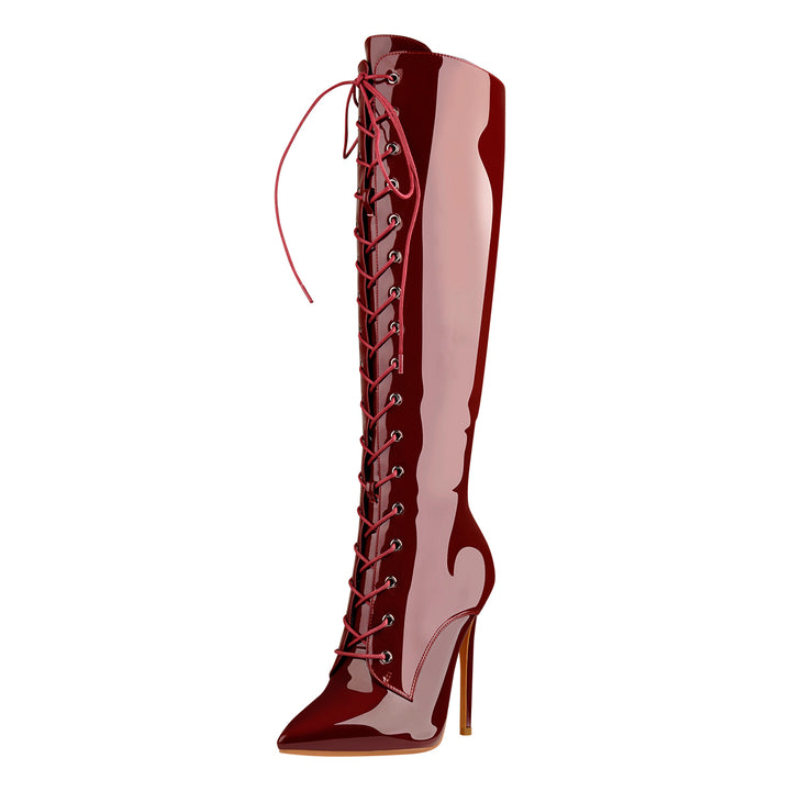 Burgundy Patent Leather Lace Up Knee High Boots Onlymaker