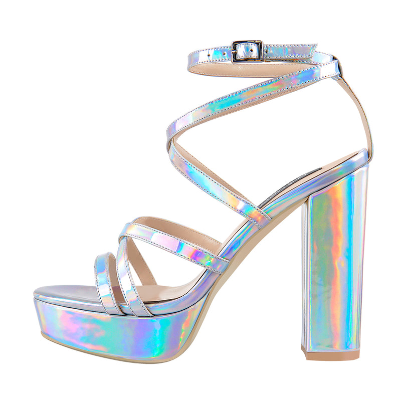 Holographic Open Toe Platform Cross Ankle Strap Chunky Square Heels Sa ...